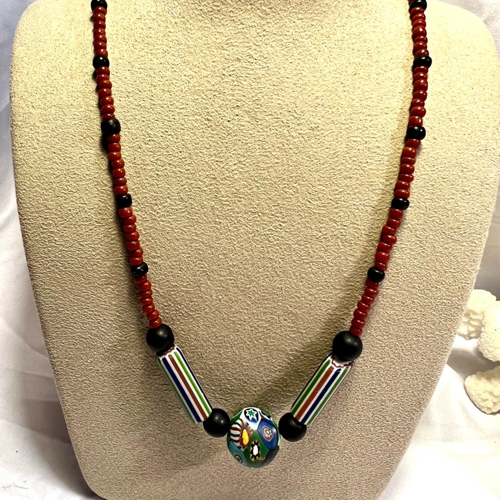 Colorful Necklace, vintage Murano Millefiori accented w red black trade beads.